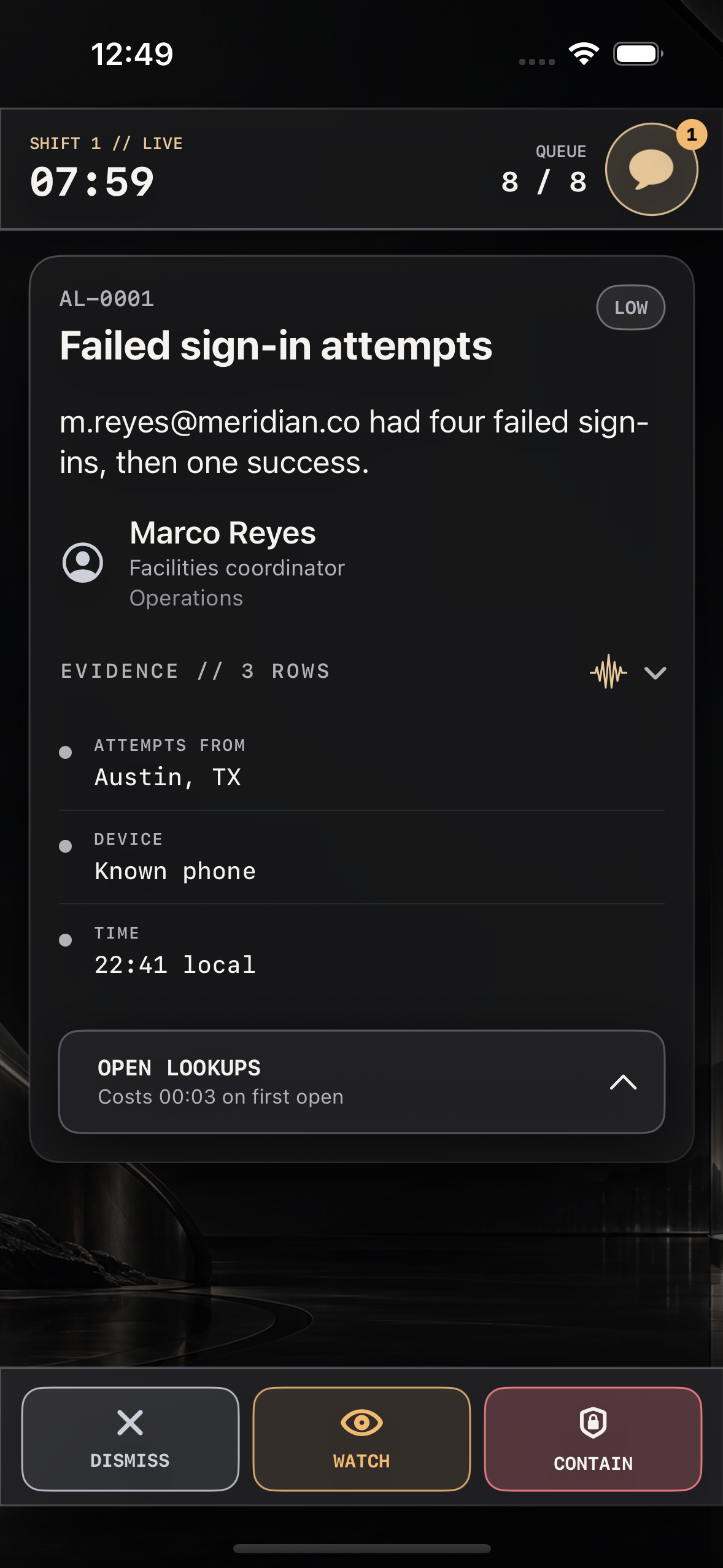SOC Night Shift gameplay: a failed sign-in alert with evidence rows, lookups, and Dismiss, Watch, and Contain choices.